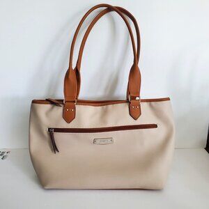 Rosetti Beige Brown Trim Double Handle Handbag Purse Tote Zipper Front Pocket
